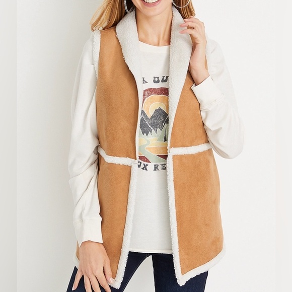 🚨Womens Maurices Brown Faux Suede Sherpa Trim Tan Vest - Picture 1 of 9